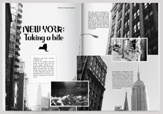 an open book with black and white photos on it's pages, including the words new york taking a bite