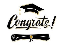 congratulations with graduation cap and diploma scroll on white background, hand drawn lettering in vintage style