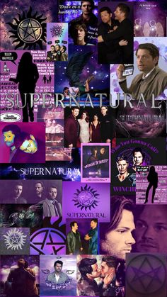 a collage of different images with the words supernatural and symbols on them, all in purple