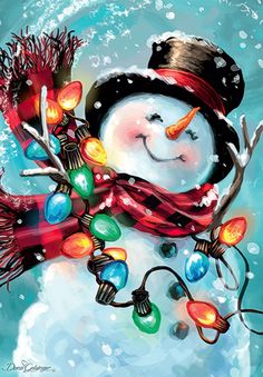 a painting of a snowman wearing a scarf and hat with christmas lights on it