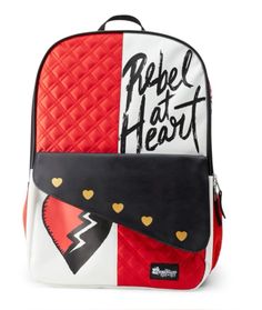 a red and white backpack with heart patches on it's front pocket, which says rebel at heart