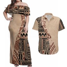 Bula Fiji Couples Matching Off Shoulder Maxi Dress and Hawaiian Shirt Tribal Masi Tapa - Beige LT7 Beige - Polynesian Pride Pacific Island Dress Patterns, Samoan Dress, Island Style Clothing, Blouse Ideas, Island Dress, Wedding Dress Patterns, Off Shoulder Maxi Dress, 2024 Design, Hawaiian Dress