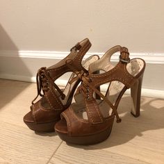 Brown Leather Heeled Sandals By Miu Miu. Super Cute. Size 36.5. In Good Condition, Bottoms Show Some Wear On Soles. Calf Leather Slingback Party Sandals, Elegant Brown Sandals With 4-inch Heel, Open Toe Calf Leather Heels With 4-inch Heel, Brown Open Heel Calf Leather Heels, Designer Sandals With 4-inch Open Heel, Luxury Calf Leather Sandals With 4-inch Heel, Luxury Brown Slingback Heels, Luxury Brown Sandals For Party, Brown Open Toe Calf Leather Heels