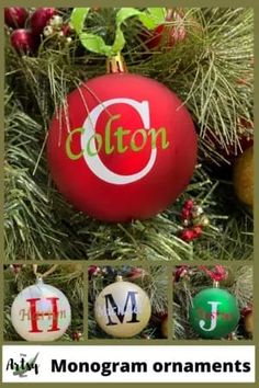 an ornament hanging from a christmas tree with the word collon on it