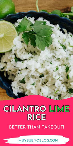 cilantro lime rice better than takeout in a blue bowl on a wooden table