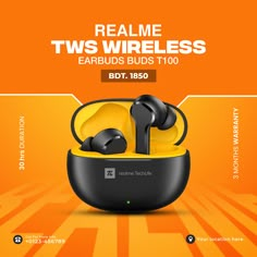 an advertisement for wireless earbuds with the price tag below it and description on orange background