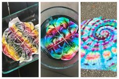 three different pictures one with tie dye and the other with dyed paper in it's bowls