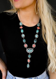 This stunning West and Co. necklace features a 24" Turquoise & Red Lariat style with a 3.5" Tail, making it an ideal accessory for any outfit. Wear it to add a bold and on-trend flair to your look. Dare to make a statement with this eye-catching piece! Lariat Style Necklace, Turquoise Accents, Southwestern Jewelry, Lariat Necklace, Style Necklace, Beautiful Necklaces, Antique Jewelry, Stone Color, Buckle