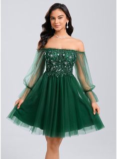 JJ's House Sequins Appliques Lace Tulle Off the Shoulder Fall Spring Summer A-line Plus General Back Zip Vintage Sweet & Flow Sparkle & Shine Sexy Elegant Dark Green Height:5.8ft（176cm） Bust:32in（82cm）Waist:24in（61cm）Hips:35in（89cm） No Short Green Long Sleeve Homeco. #JJ's House #Sequins #AppliquesLace #Tulle #OfftheShoulder #Fall #Spring #Summer #Aline #Plus #General #BackZip #Vintage #Sweet&Flow #Sparkle&Shine #Sexy #Elegant #DarkGreen #No #Short #Green #LongSleeve #Homeco Princess Sleeves Dress, Green Homecoming Dresses Sleeves, Emerald Green Dress Short Long Sleeve, Short Green Formal Dress, Enchanted Forest Theme Dress Short, Green Dresses For Homecoming, Teal Formal Dress Short, 1920s Hoco Dress, Emerald Green Dresses Short