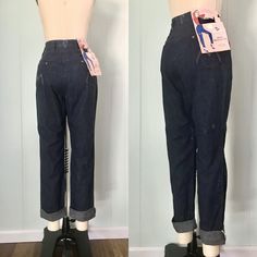 "* 1960s Blue Bell Maverick jeans * dark wash, deep indigo * front metal zip and snap * fitted high waist * front pockets, back pockets with Maverick \"M\" and patch * straight leg with slight taper at ankle * slight stretch * \"western fit\" * can be worn cuffed or un-cuffed *blouse sold separately ✂️ Measurements Waist: 25\"-26\" Hips: up to snug 37\" Rise: 12\" Inseam: 29.5\" (un-cuffed) Length: 42\" (un-cuffed) Fits like: extra small/small *marked (vintage) misses' size 11/12 reg. Condition: High Waisted Jeans Vintage, Floral Embroidery Dress, Red Pajamas, Deep Indigo, Blue Bell, 80s Dress, High Waisted Jeans, Wool Suit, Vintage Lingerie