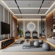 Modern Home Gym Sleek Equipment & Minimalist Design Home Gym Theatre Room, Gym Tv Room, Slat Wall Gym, Gym Interior Design Ideas Modern Luxury, Modern Gym Design, Fitness Room Design, Modern Home Gym Design, Modern Yoga Studio