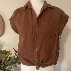 Japna Xs Rust/Brown Color Button Down Collared Shirt Tie Waist Linen/Cotton Material Cuffed Short Sleeve Never Worn With Tags Casual Brown Tops For The Beach, Casual Brown Summer Blouse, Brown Button-up Vacation Tops, Casual Brown Beach Blouse, Brown Button-up Beach Top, Brown Button-up Summer Tops, Brown Buttoned Beach Tops, Brown Buttoned Top For Vacation, Summer Brown Button-up Tops