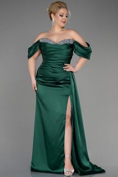 An elegant evening gown crafted from soft satin fabric, featuring a sophisticated sweetheart neckline complemented by gracefully draped off-shoulder sleeves. This gown exudes timeless allure with the sparkling stone embroidery adorning the chest, adding a touch of opulence to the design. Perfect for wedding guests, black-tie attires, bridesmaids, and other special events. Gala Off-shoulder Evening Dress With Fitted Bodice, Off-shoulder Evening Dress With Fitted Bodice For Gala, Off-shoulder Evening Dress With Ruched Bodice For Wedding, Off-shoulder Evening Dress With Sweep Train For Gala, Formal Satin Off Shoulder Dress With Fitted Bodice, Glamorous Satin Ball Gown For Formal Occasions, Glamorous Formal Evening Dress With Draped Sleeves, Glamorous Satin Ball Gown For Formal Events, Off-shoulder Evening Dress With Draped Sleeves For Gala