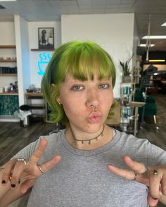 Sometimes we just need a little green bob in our lives #vivids #greenhair #green #vividhaircolor #hairgoals #hairstylist #hair #frenchbob Dark Green And Lime Green Hair, Neon Green Bob Hair, Neon Green Hair Dye, Green Bob, Seasick Green Hair, Vivid Hair Color Green, French Bob, Vivid Hair Color, Green Hair