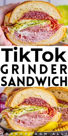 a sandwich cut in half with the words tiktok grinder sandwich