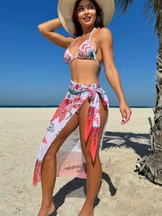 White Floral Print Swimwear For Beach Cover-up, High Waist Multicolor Swimwear For Summer, Multicolor High Waist Swimwear For Summer, High Waist Printed Swimwear For Beach, High Waist Tropical Print Swimwear For Beach, Printed High Waist Swimwear For Beach, Printed Sleeveless Swimwear For Beach Cover-up, Stretch Patterned Swimwear For Beach, Patterned Stretch Swimwear For The Beach