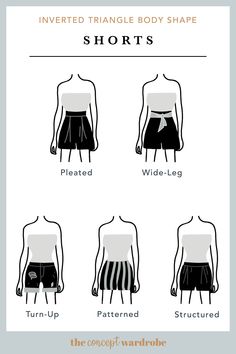 the concept wardrobe | A selection of great shorts styles for the pear body shape. Wide, baggy, and printed styles work best for this body shape. The Concept Wardrobe Rectangle Body Shape, Clothing Style For Rectangle Body Shape, Petite Rectangle Shape Outfits, Rectangle Body Shape Shorts, Rectangle Body Shape Outfits Korean, Shorts For Rectangle Body Shape, Rectangle Body Shape Outfits What To Wear, How To Style Rectangle Body Shape, Outfit Ideas For Rectangle Body Shape