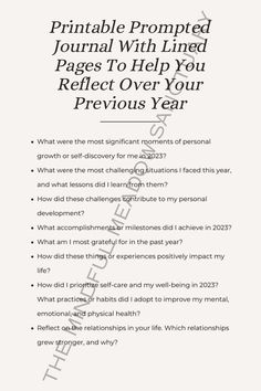 a white paper with black writing on it and the words, printable printed journal with lined pages to help you reflect over your previous year