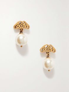 ALEXANDER MCQUEEN Seal Logo gold-tone faux pearl earrings Elegant Gold-tone Jewelry With Logo Charm, Classic Metal Earrings With Pearl Charm, Elegant Gold Jewelry With Logo Charm, Elegant Dangle Jewelry With Logo Charm, White Formal Jewelry With Logo Charm, Formal White Jewelry With Logo Charm, Luxury Metal Pearl Drop Earrings, Luxury Pearl Drop Metal Earrings, Elegant Yellow Gold Jewelry With Logo Charm