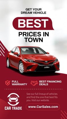 a red car advertisement with the words best prices in town