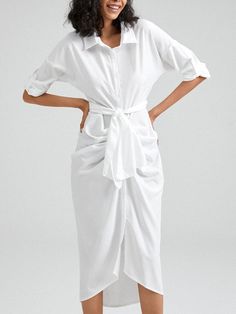 Solid Button Front Ruched Long Sleeve Belt Shirt Dress Ruched Button-up Dress For Work, Summer Shirt Dress With Button Cuffs For Daywear, Summer Shirt Dress With Button Cuffs For Day Out, Summer Daywear Shirt Dress With Button Cuffs, Summer Button-up Shirt Dress With Roll-up Sleeves, Casual Midi Length Shirt Dress With Roll-up Sleeves, Casual Midi-length Shirt Dress With Roll-up Sleeves, Casual Midi Shirt Dress With Roll-up Sleeves, Chic Cotton Shirt Dress For Brunch