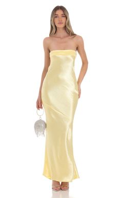 Strapless Satin Maxi Dress in Yellow Light Yellow Prom Dress, Pastel Yellow Bridesmaid Dresses, Pale Yellow Bridesmaid Dresses, Yellow Satin Dress, Yellow Formal Dress, Light Yellow Dresses, Yellow Homecoming Dresses, Silk Yellow Dress, Yellow Long Dress