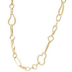 Golden paisley and circle stations of 18K gold form this 20 inch link necklace. Easily adjusts to various lengths. Finished with a signature lobster clasp. Elegant Yellow Gold Cable Chain Station Necklace, Elegant Gold Chain Necklace With Solid Link, Elegant Yellow Gold Station Necklace With Adjustable Chain, Elegant Gold Station Necklace In 14k Gold, Luxury Gold Station Necklace With Delicate Chain, Formal Gold Station Necklace With Adjustable Chain, Elegant Gold-tone Oval Link Necklace, Elegant 14k Gold Station Necklace With Cable Chain, Elegant Gold 14k Station Necklace