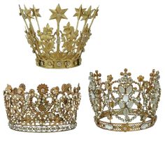 approximately 5" - 7" *3 styles, sold individually Bohemian Gold Crown Headpiece, Silver Crown Shaped Metal Jewelry, Regal Gold Crown With Pinched Shape, Metal King Crown, Regal Gold Crown With Structured Shape, King Crowns, Brass Crown, Metal Crown, Swag Wreath