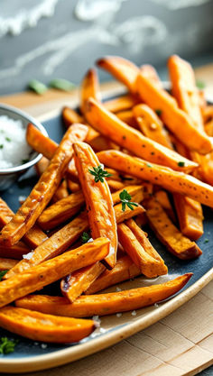 french fries on a plate with dip and parsley sprinkled around the edges