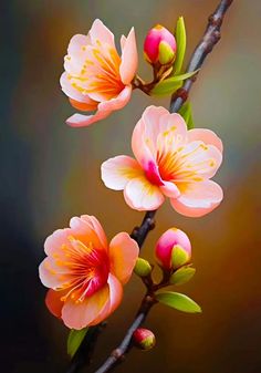 two pink and yellow flowers on a twig