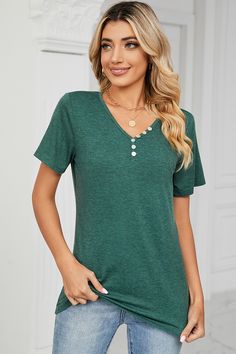 Take your wardrobe to the next level with our Lila V-Neck Short Sleeve Top! This versatile top is perfect for any occasion, from casual to dressy. Available in multiple colors, you can mix and match to create your own unique look. Get ready to turn heads and express your individual style with this must-have top! Features: Decorative button Sheer: Opaque Stretch: Slightly stretchy Material composition: 65% rayon, 30% polyester, 5% spandex Care instructions: Machine wash cold. Tumble dry low. Impo Versatile Solid Color V-neck Top, Versatile Green V-neck Top, T Dress, Elegant Shirt, Color Shorts, Dressy Casual, Casual Pullover, Basic Style, Casual Wardrobe