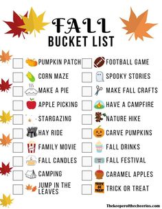 a fall bucket list with pumpkins and leaves