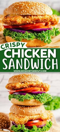 chicken sandwich with lettuce, tomato and onion on a cutting board in front of the words crispy chicken sandwich