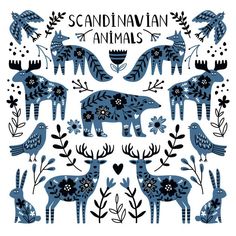 the scandinavian animals are depicted in blue and black