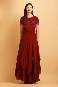 Shop for Label Ivish Viscose Georgette Embroidered Cut Dana Shoulder Panel Gown for Women Online at Aza Fashions Gown Red, Gown For Women, Asymmetric Skirt, Red Maxi, Draped Skirt, Maxi Gown, Red Gowns, Red Dress Maxi, Ladies Gown