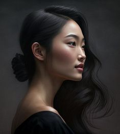 a painting of a woman with long black hair, wearing a black dress and looking off to the side