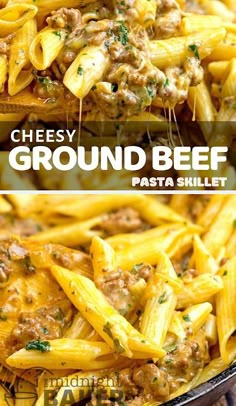 cheesey ground beef pasta skillet in a pan with text overlay that reads, cheesy ground beef pasta pasta skillet