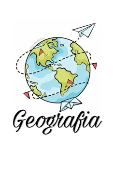 the word geografia written in black ink on a white background with an airplane flying around