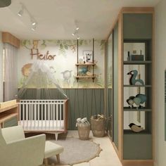 a baby's room is decorated in green and white