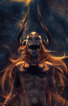 a demonic looking demon with long hair and horns on his head, standing in front of a dark background