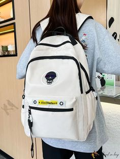 Bird in Bag - Womens Dual Compartment Nylon Backpack with College Logo, White, Double Capacity White Nylon Casual Backpack, Trendy White Nylon Backpack, Casual White Nylon Backpack, White Nylon Backpack For Streetwear, White Nylon Bags For Streetwear, White Backpack With Zipper Closure For Streetwear, Urban White Backpack For School, White Large Capacity Backpack For Streetwear, White Casual Backpack For Streetwear