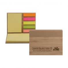 sticky notes with wooden holder and business card