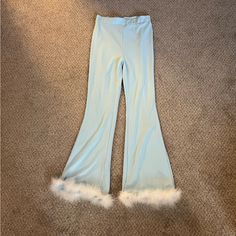 High Waisted Flare Rave Pants, Stretchy, White Fur Detail At Bottom, Never Worn, Super Long So Great For Tall Girlies!! Blue Flare Pants, Fur Pants, Rave Pants, High Waisted Flares, White Fur, Flare Pants, Baby Blue, Pant Jumpsuit, Pants For Women