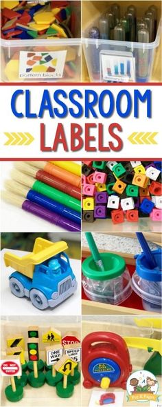 classroom labels with different types of toys and letters on them, including plastic containers filled with markers