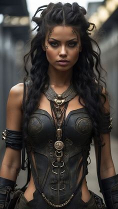 a woman with long black hair wearing armor and chains on her chest is looking at the camera