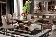 an elegant dining table with chairs and vases on the side, surrounded by mirrors