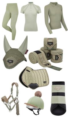 horse riding gear including hats, gloves and saddles are shown in this set up