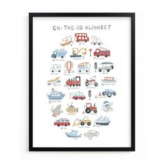 a framed poster with different types of vehicles