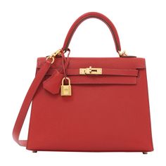 Hermes Kelly 25 Red VERMILLON CHÈVRE LEATHER SELLIER WITH GOLD HARDWARE Bag. HERMÈS, 2008 25 w x 18 h x 9 d cm includes dustbag, lock, keys, clochette, shoulder strap and leather card, Hermes spa and auction receipt. 2024 Bags, Hermes Kelly 25, Kelly 25, Kelly Bag, Gold Bag, Hermes Bags, Hermes Bag, Fashion Handbags, Gold Hardware