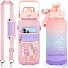 a pink and purple water bottle next to a cell phone case with straps on it